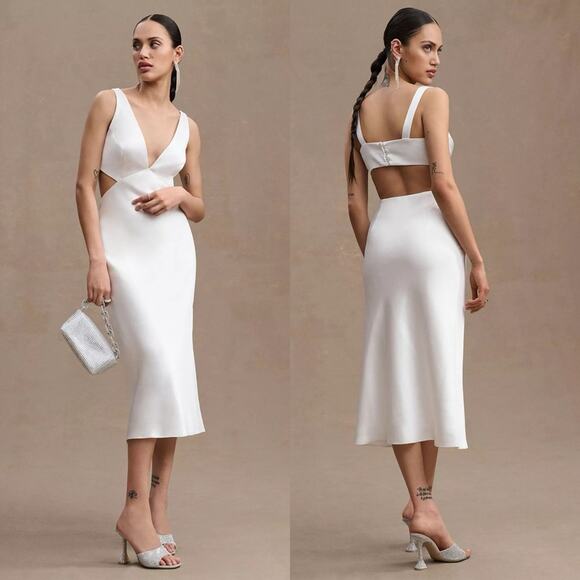 Anthropologie Sachin and Babi V-Neck Cutout Satin Midi Dress Sierra - Picture 1 of 14